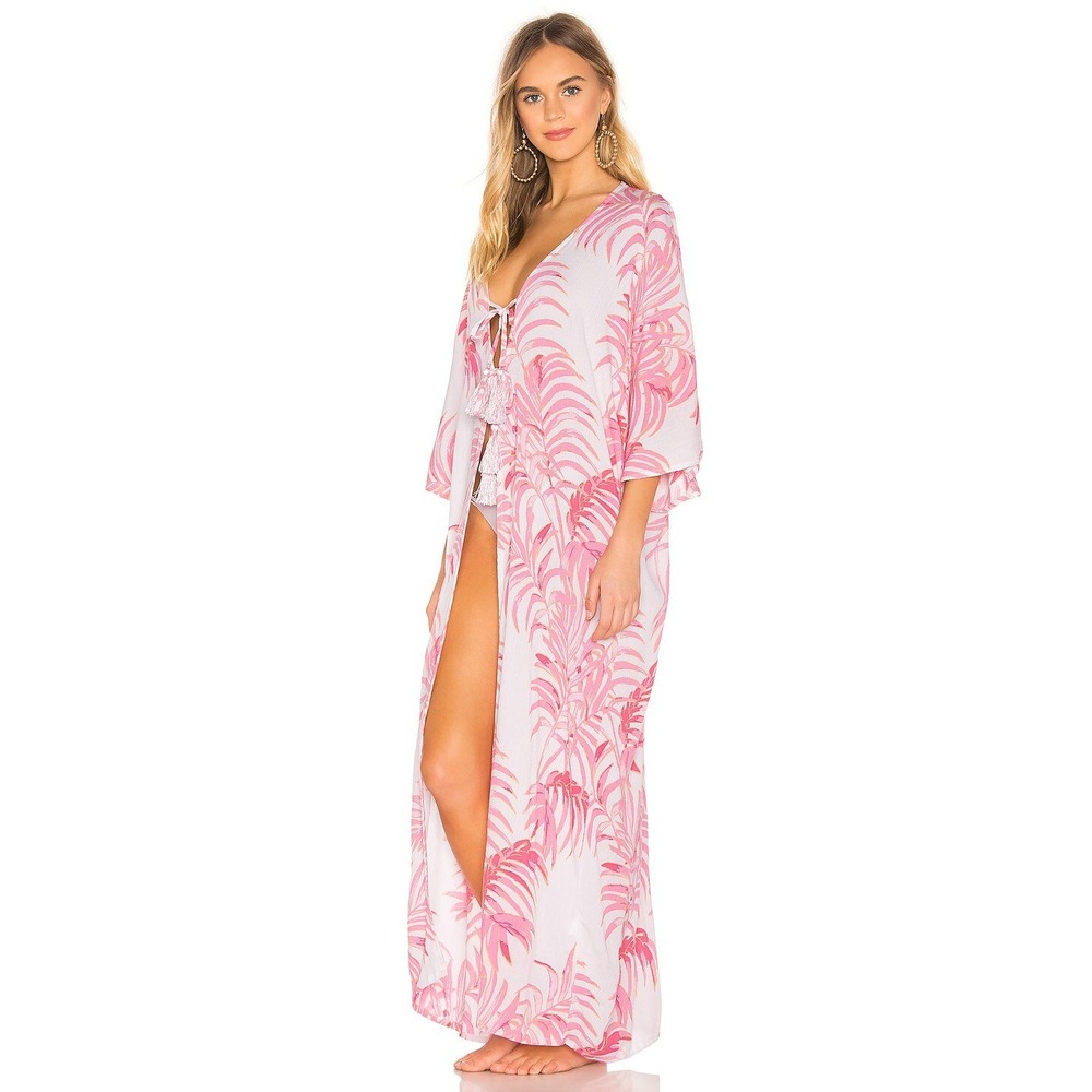 Tularosa Maxi Duster Womens Size M Pink Palm Print Tassel Tie Kaftan - Picture 4 of 4